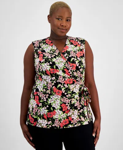Anne Klein Plus Size Printed Faux-wrap Sleeveless Top, Created For Macy's In Anne Black,red Pear