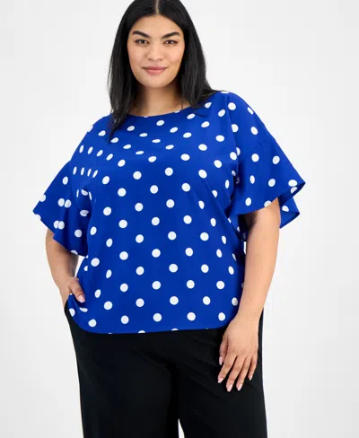 Anne Klein Plus Size Printed Flutter-sleeve Blouse In Santorini Blue,white