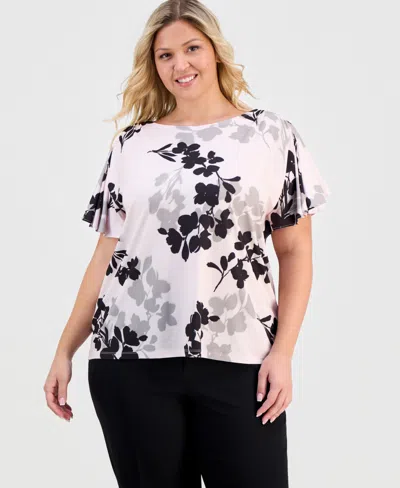 Anne Klein Plus Size Printed Flutter-sleeve Top In Multi