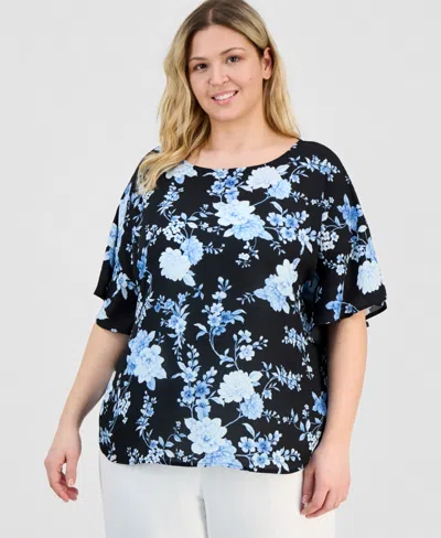 Anne Klein Plus Size Printed Flutter-sleeve Top In Multi