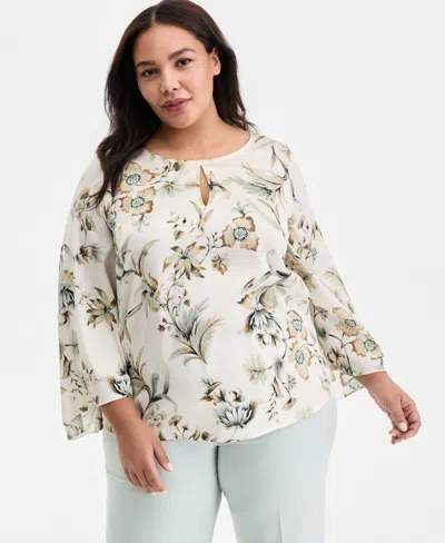 Anne Klein Plus Size Printed Keyhole-neck Bell-sleeve Top In White