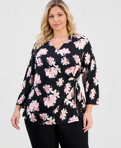 Anne Klein Plus Size Printed Knit Side-tie Wrap Top In Black