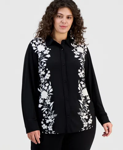 Anne Klein Plus Size Printed Long-sleeve Blouse In Black
