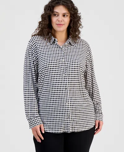 Anne Klein Plus Size Printed Long-sleeve Blouse In Black
