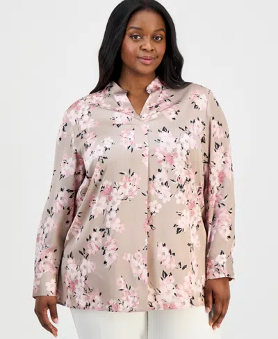 Anne Klein Plus Size Printed Long-sleeve Popover Blouse In Pink