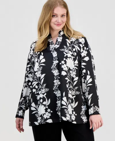Anne Klein Plus Size Printed Long-sleeve Popover Blouse