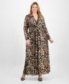 Anne Klein Plus Size Printed Mesh Long-sleeve Maxi Dress In Brown