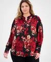 Anne Klein Plus Size Printed Pleat-front Split-neck Blouse In Multi