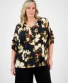 Anne Klein Plus Size Printed Pleated-sleeve Blouse In Black