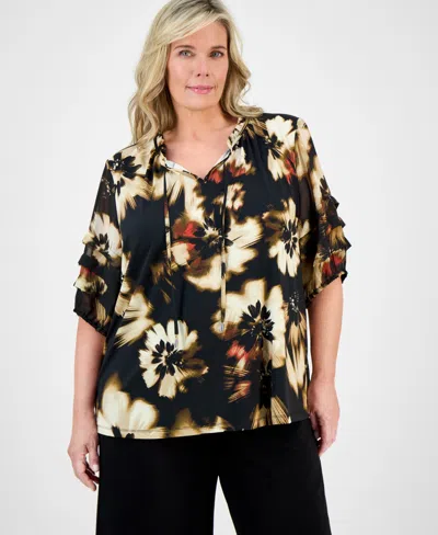 Anne Klein Plus Size Printed Pleated-sleeve Blouse In Black