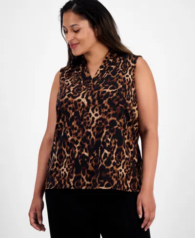 Anne Klein Plus Size Printed Pleated V-neck Sleeveless Blouse In Multi