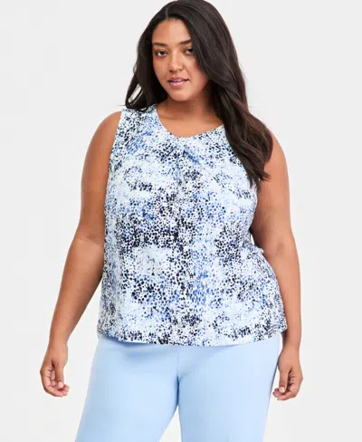 Anne Klein Plus Size Printed Pleat-neck Sleeveless Top In Blue