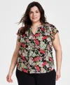 Anne Klein Plus Size Printed Ruffle-sleeve Tie-neck Blouse In Anne Black,red Pear