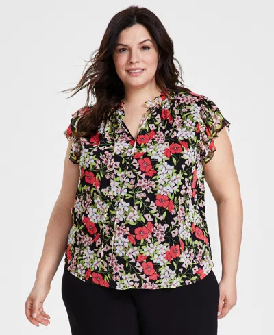 Anne Klein Plus Size Printed Ruffle-sleeve Tie-neck Blouse In Anne Black,red Pear