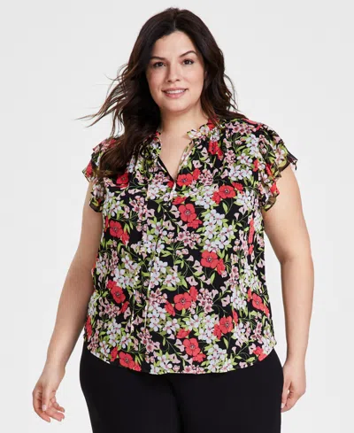 Anne Klein Plus Size Printed Ruffle-sleeve Tie-neck Blouse In Red