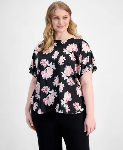 Anne Klein Plus Size Printed Satin Short-sleeve Top In Black