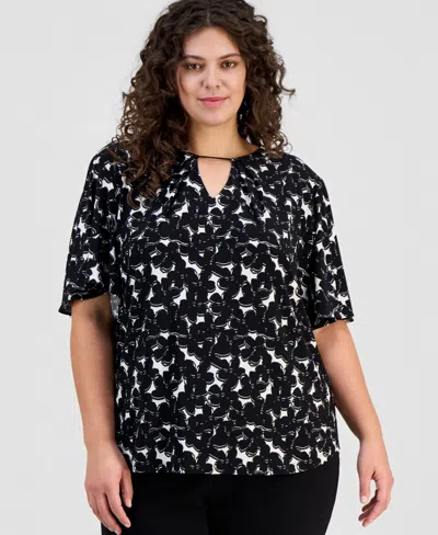 Anne Klein Plus Size Printed Short-sleeve Keyhole Top In Multi