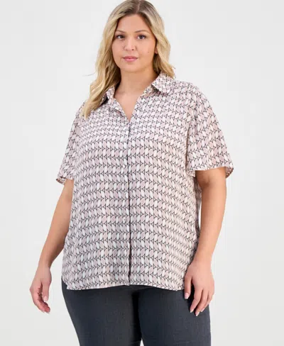 Anne Klein Plus Size Printed Short-sleeve Button-front Shirt In Neutral
