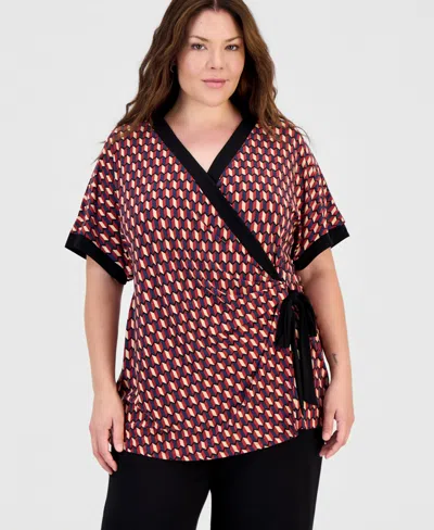 Anne Klein Plus Size Printed Short-sleeve Wrap Tunic In Multi