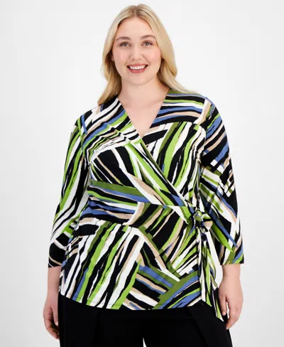Anne Klein Plus Size Printed Side-tie 3/4-sleeve Top In Anne Black,bay Leaf