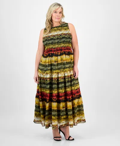 Anne Klein Plus Size Printed Smocked-bodice Tiered Dress In Multi
