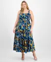 Anne Klein Plus Size Printed Smocked Cotton Sleeveless Maxi Dress