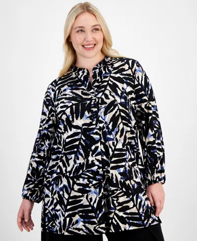 Anne Klein Plus Size Printed Split-neck Popover Tunic In Blue Jay,anne Black