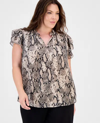 Anne Klein Plus Size Printed Split-neck Flutter-sleeve Blouse In Gray