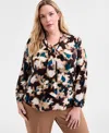 Anne Klein Plus Size Printed Tie-neck Long-sleeve Blouse In Multi