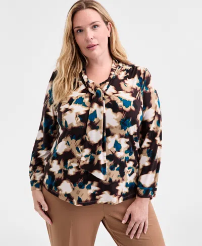 Anne Klein Plus Size Printed Tie-neck Long-sleeve Blouse In Multi