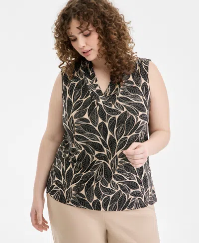 Anne Klein Plus Size Printed Triple-pleat V-neck Blouse In Black