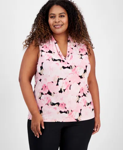 Anne Klein Plus Size Printed Triple-pleat V-neck Top In Peony Pink Multi