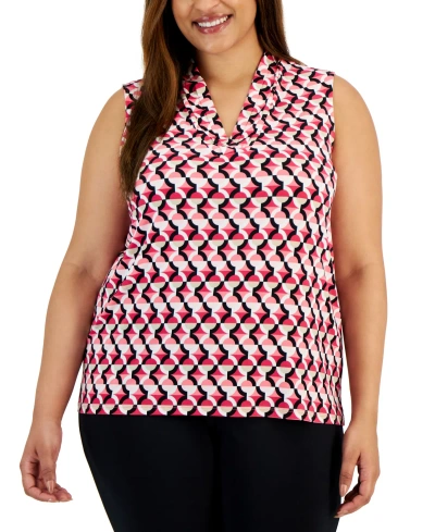 Anne Klein Plus Size Printed Triple-pleated Sleeveless Top In Rich Camellia Multi