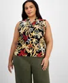 Anne Klein Plus Size Printed Triple-pleated V-neck Top