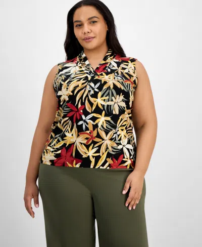 Anne Klein Plus Size Printed Triple-pleated V-neck Top In Multi