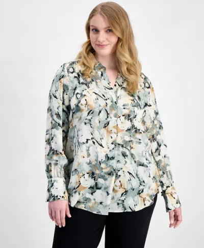 Anne Klein Plus Size Floral Ruffle-sleeve Tie-neck Blouse In Multi