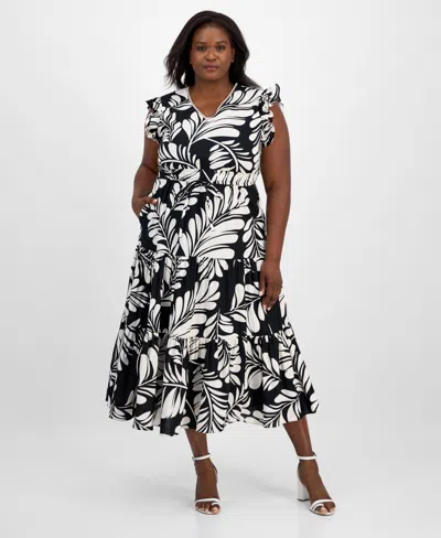 Anne Klein Plus Size Printed V-neck Ruffled Midi Dress In Black