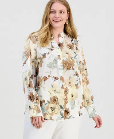 Anne Klein Plus Size Printed V-neck Long-sleeve Blouse In Multi