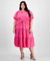 Anne Klein Plus Size Puff-sleeve Tiered Midi Dress In Carmine Rose