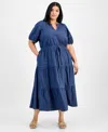 Anne Klein Plus Size Puff-sleeve Tiered Midi Dress In Dark Wash