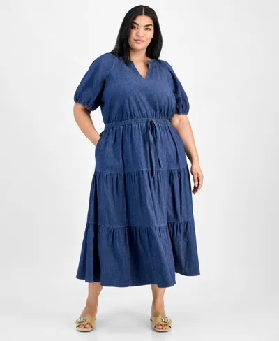 Anne Klein Plus Size Puff-sleeve Tiered Midi Dress In Dark Wash