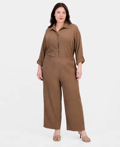 Anne Klein Plus Size Button Front Roll Tab Sleeve Shirt Pull On Wide Leg Pants In Brown