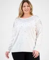 Anne Klein Plus Size Rhinestone Boat-neck Long-sleeve Sweater In Animal Print