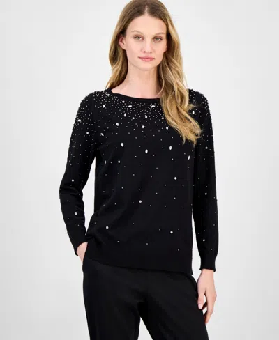 Anne Klein Plus Size Rhinestone Boat-neck Long-sleeve Sweater In Black