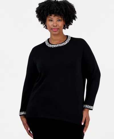 Anne Klein Plus Size Rhinestone Embellished Keyhole Sweater In Black
