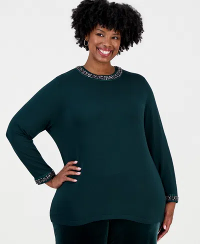 Anne Klein Plus Size Rhinestone Embellished Keyhole Sweater In Green
