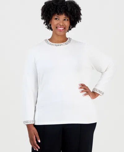 Anne Klein Plus Size Rhinestone Embellished Keyhole Sweater In Multi