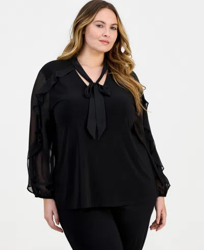 Anne Klein Plus Size Ruffle-sleeve Tie-neck Blouse In Black