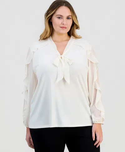 Anne Klein Plus Size Ruffle-sleeve Tie-neck Blouse In White