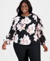 Anne Klein Plus Size Ruffled Blouson-sleeve Top In Multi